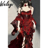 BXOXO Christmas Red Rose Robe Ruffles Long Sling Dress for Women Party 2024 New Lolita Elegant Irregular Slip Fishtail Dresses Female